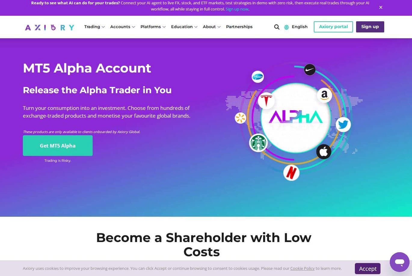 The platform page on the Axiory website