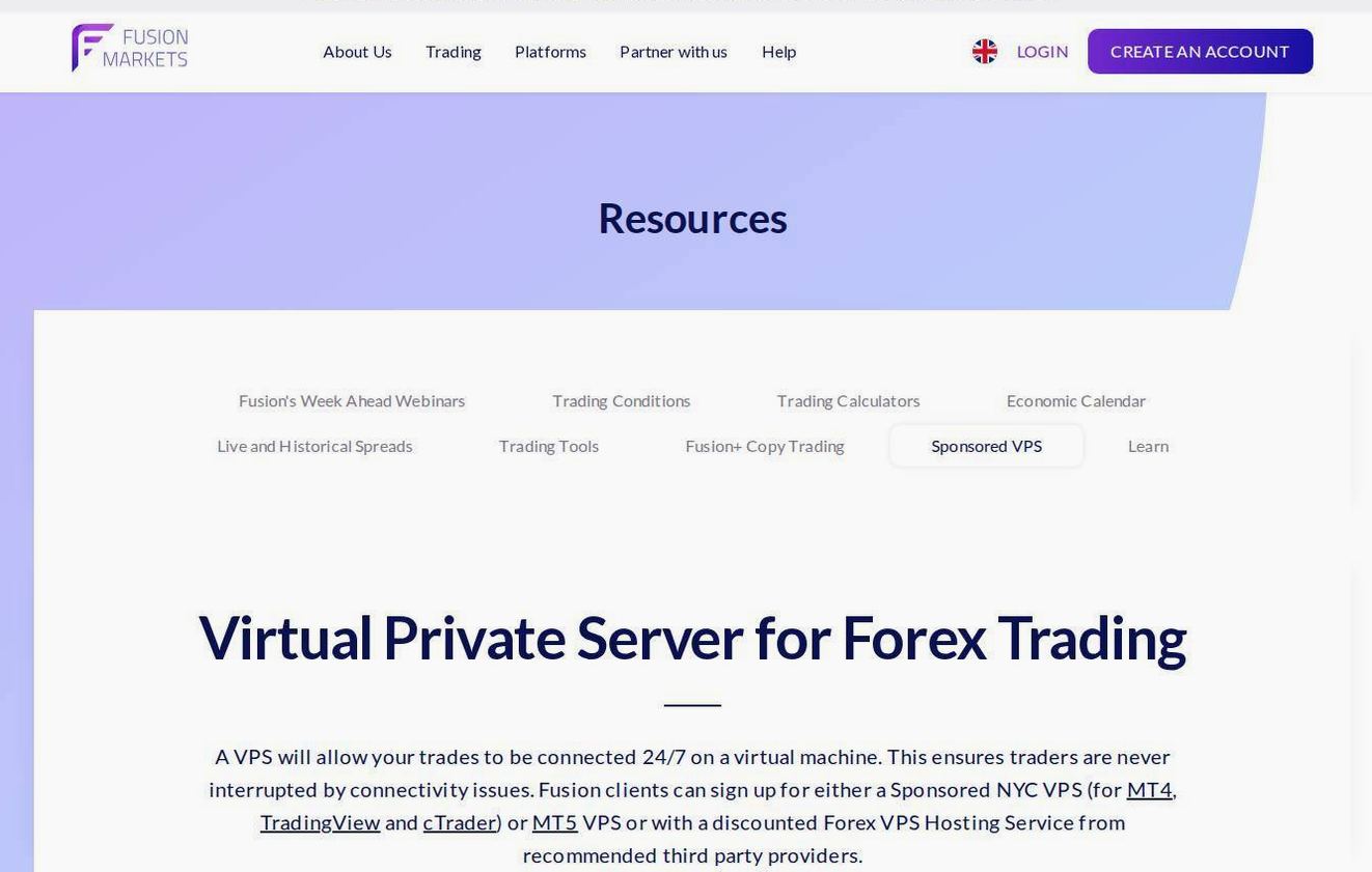 The platform page on the Fusion Markets website