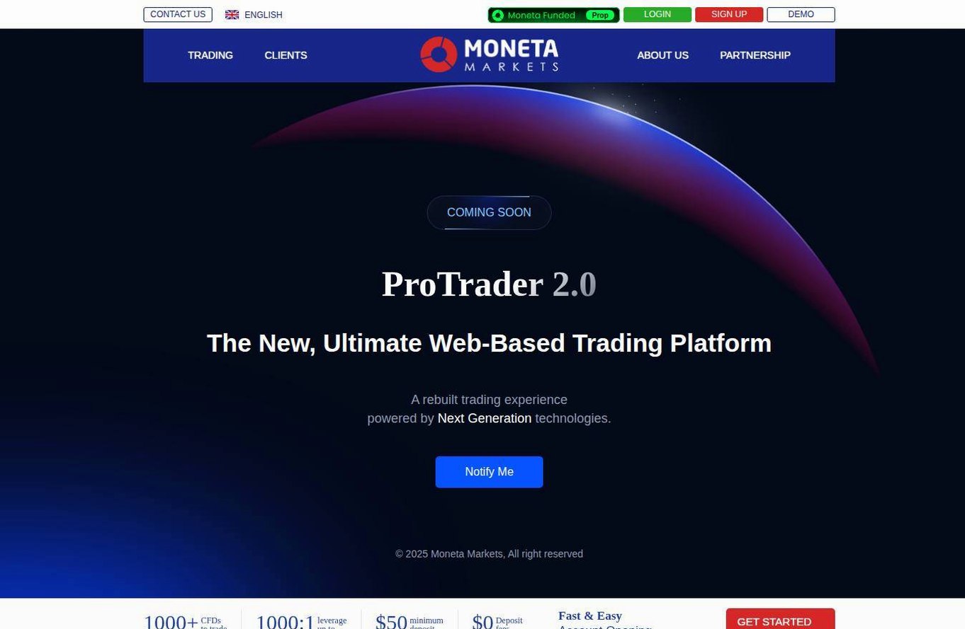 The platform page on the Moneta Markets website