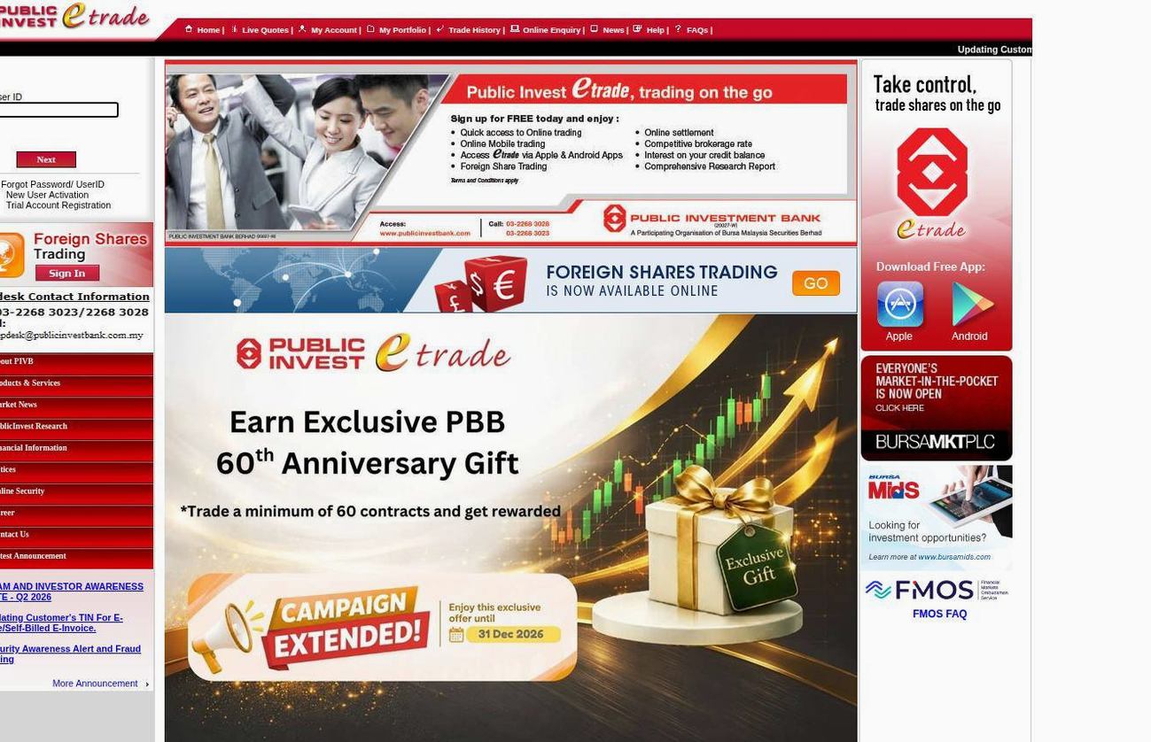 Screenshot of the Public Investment Bank Berhad (PublicInvest) website