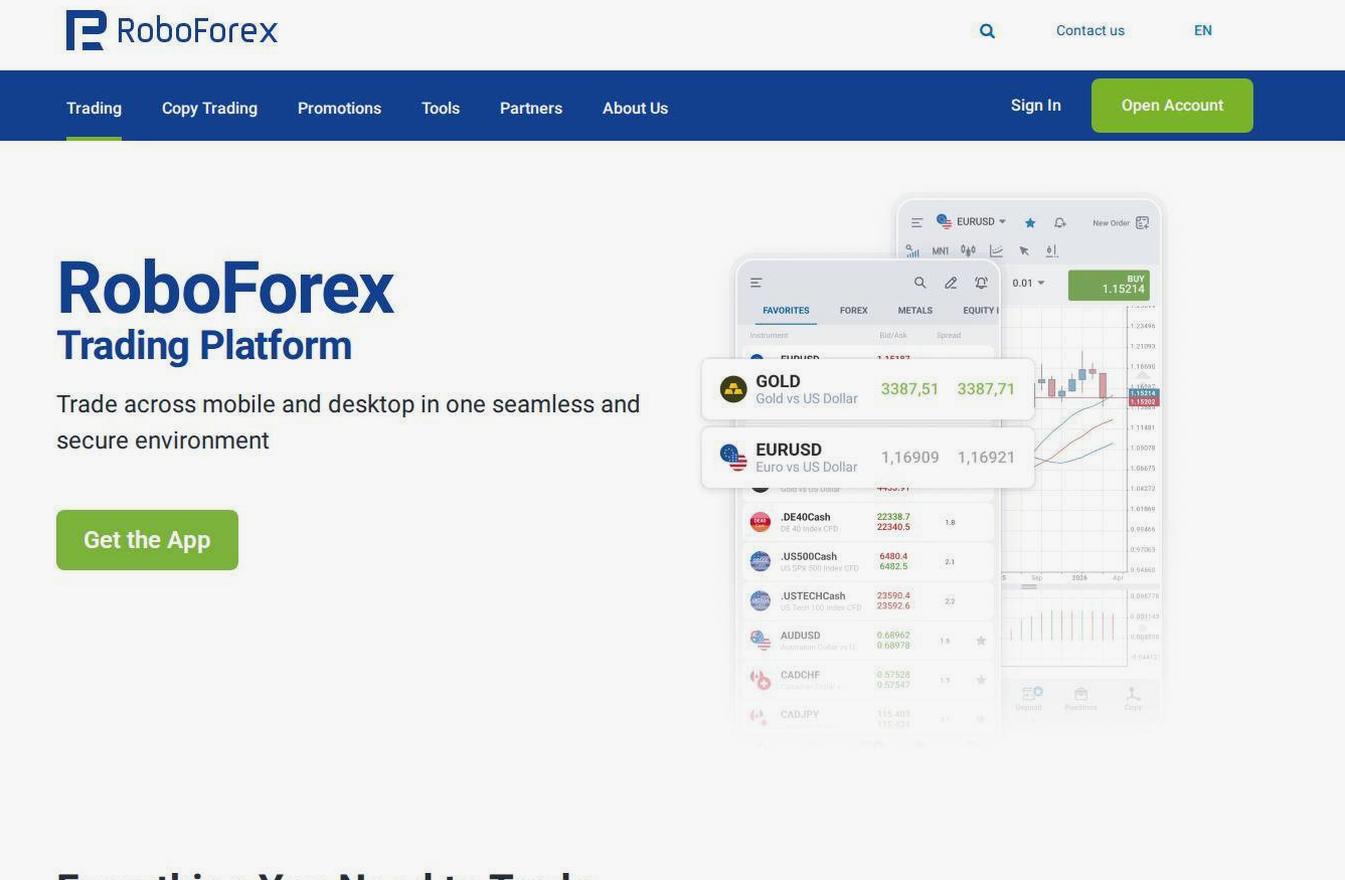 The platform page on the RoboForex website