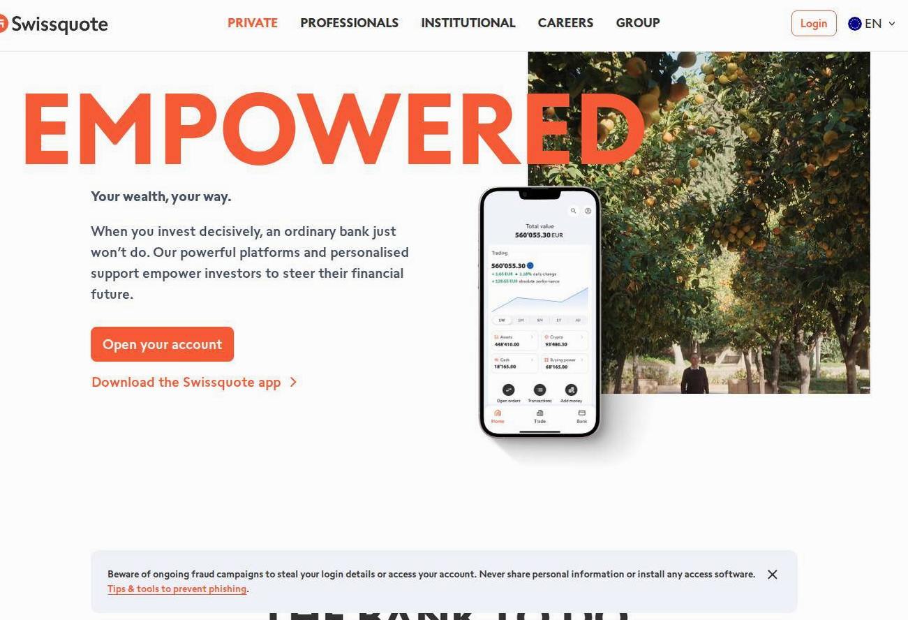The platform page on the Swissquote website